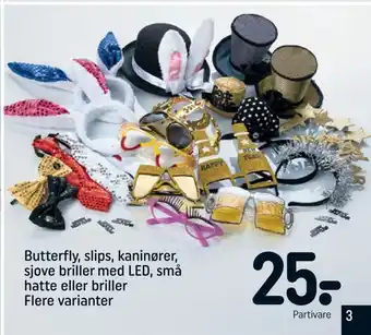 Butterfly, slips, kaninører, sjove briller med led, små hatte eller briller