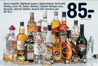 REMA 1000 Sierra tequila, highland queen, jägermeister, smirnoff, malibu, licor 43,00 safari, baileys, captain morgan rom, bacardi, joh tilbud