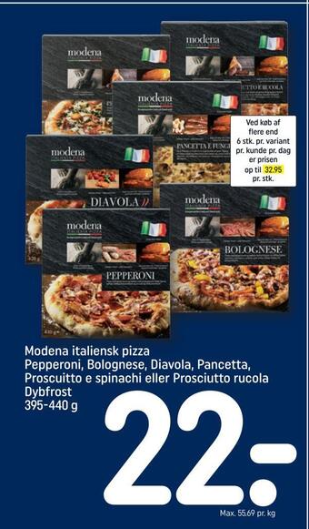 REMA 1000 Modena italiensk pizza pepperoni, bolognese, diavola, pancetta, proscuitto e spinachi eller prosciutto rucola dybfrost tilbud