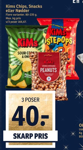 SPAR Kims chips, snacks eller nødder tilbud