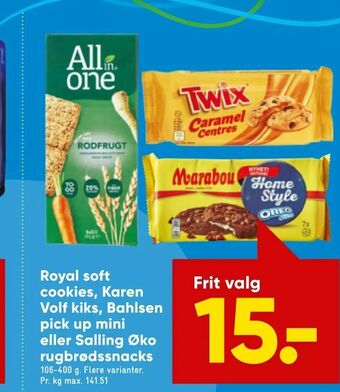 Bilka Royal soft cookies, Karen Volf kiks, Bahlsen pick up mini eller Salling Øko rugbrødssnacks tilbud