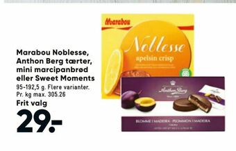 Bilka Marabou Noblesse, Anthon Berg tærter, mini marcipanbrød eller Sweet Moments tilbud
