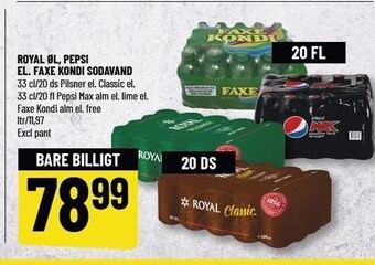 Løvbjerg Royal øl, pepsi el. faxe kondi sodavand tilbud