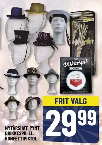 Nytårshat, pynt, drikkespil el. konfettipistol