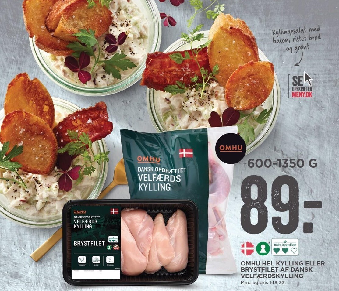 Omhu hel kylling eller brystfilet af dansk velfærdskylling tilbud hos MENY