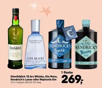 Glenfiddich 12 års whisky, gin mare, hendrick's lunar eller neptunia gin