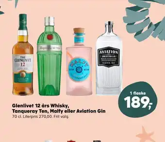 SuperBrugsen Glenlivet 12 års whisky, tanqueray ten, malfy eller aviation gin tilbud
