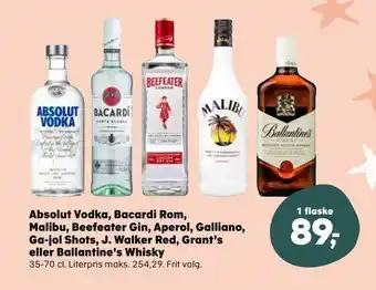 Absolut vodka, bacardi rom, malibu, beefeater gin, aperol, galliano, ga-jol shots, j. walker red, grant's eller ballantine's