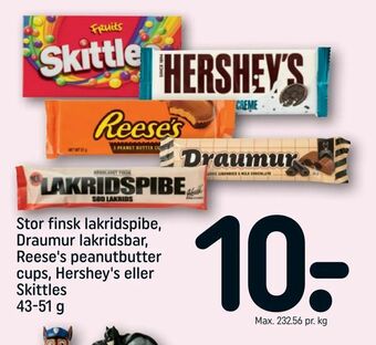 Stor finsk lakridspibe, Draumur lakridsbar, Reese's peanutbutter cups, Hershey's eller Skittles