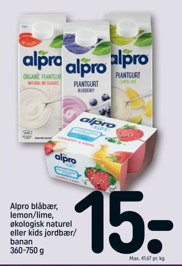 Alpro blåbær, lemon/lime, økologisk naturel eller kids jordbær/ banan