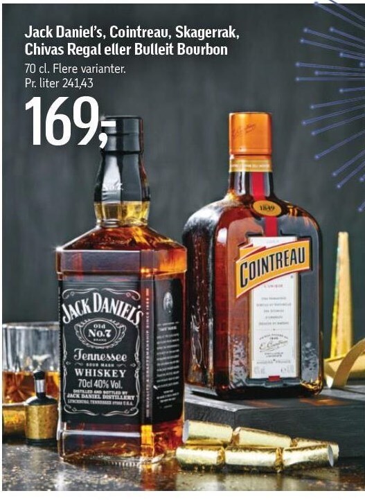 Jack daniel's, cointreau, skagerrak, chivas regal el. bulleit bourbon