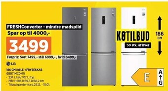186 cm. køle-/fryseskab