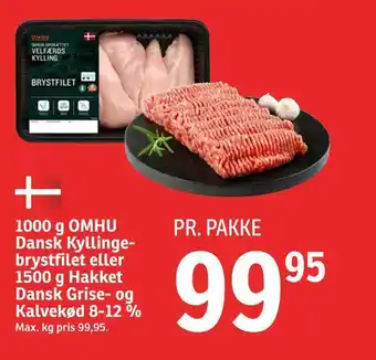 SPAR 1000 g omhu danks kyllingebrystfilet eller 1500 g hakket dansk grise- og kavekød 8-12% tilbud