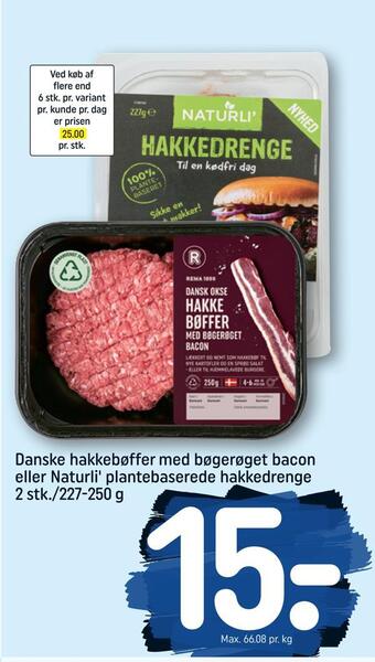 REMA 1000 Danske hakkebøffer med bøgerøget bacon eller naturli' plantebaserede hakkedrenge tilbud