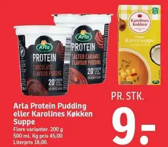 SPAR Arla protein pudding el. karolines køkken suppe tilbud
