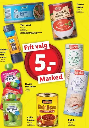Lidl Tun i vand, tomatsuppe. affaldsposer med snøre, riskiks, chilibønner el. nestlé min frukt tilbud