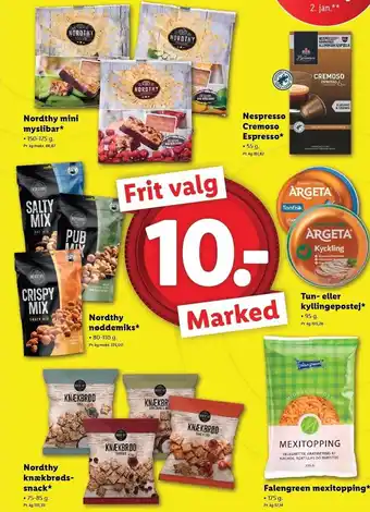 Lidl Nordthy mini myslibar, nespresso cremoso espresso, nordthy nøddemix, tun- el. kyllingepostej, nordthy knækbrødssnack el. fale tilbud