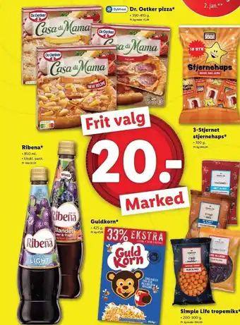 Lidl Dr. oetker pizza, ribena, 3-stjernet stjernehaps, guldkorn el. simple life tropemiks tilbud