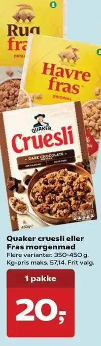 Kvickly Quaker Cruesil eller Fras Morgenmad tilbud