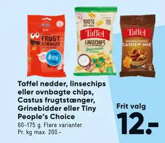 Bilka Taffel nødder, linsechips eller ovnbagte chips, castus frugtstænger, grinebidder eller tiny people's choice tilbud