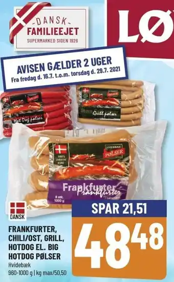 Løvbjerg Frankfurter, Chili/Ost,Grill,Hotdog El. Big Hotdog Pølser 950-1000g tilbud