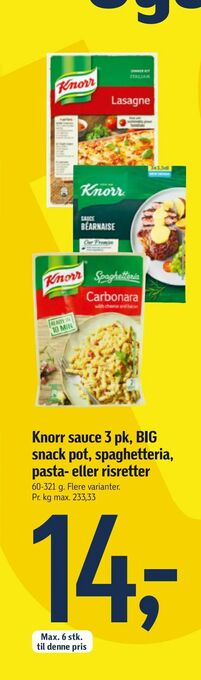 Føtex Knorr sauce 3 pk, BIG snack pot, spaghetteria, pasta- eller risretter tilbud