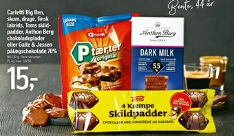 Føtex Carletti Big Ben, skum, dragé, finsk lakrids, Toms skild padder, Anthon Berg chokoladeplader eller Galle & Jessen pålægschoko tilbud