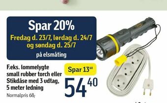 Lommelygte small rubber torch eller stikdåse med 3 udtag, 5 meter ledning