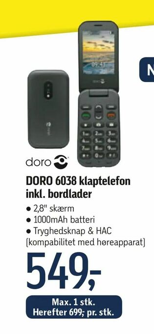 Føtex DORO 6038 klaptelefon inkl. bordlader tilbud