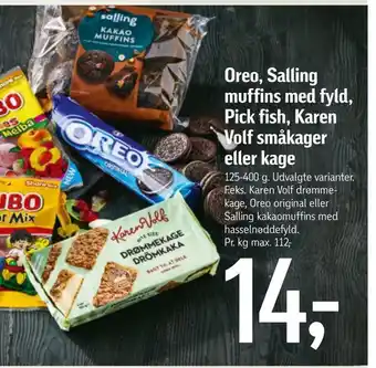 Føtex Oreo, salling muffins med fyld, pick fish, karen volf småkager eller kage tilbud