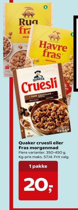 Kvickly Quaker cruesli eller fras morgenmad tilbud