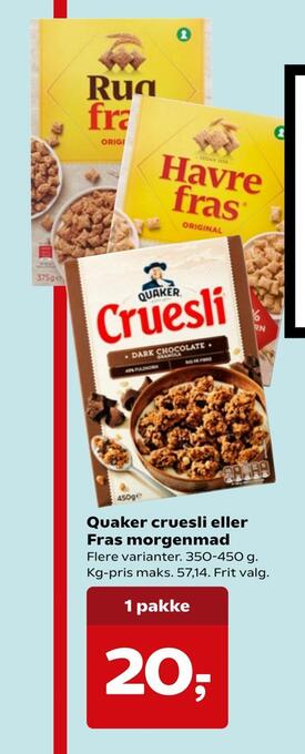 SuperBrugsen Quaker cruesli eller fras morgenmad tilbud