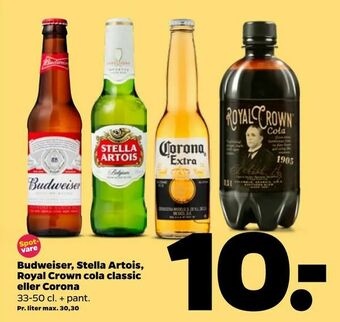 Budweiser, Stella Artois, Royal Crown cola classic eller Corona
