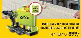 Johannes Fog Ryobi one+ 18 v boremaskine 2 batterier, lader og tilbehør tilbud