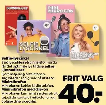 Selfie-lyscirkel, fjernudløser, minimikrofon el. minimikrofon m. clip-on