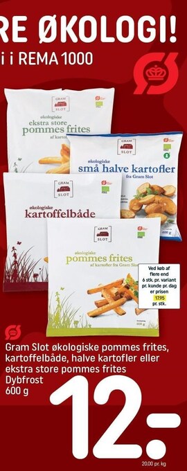 Gram slot øko pommes frites, kartoffelbåde, halve kartofler el. ekstra store pommes frites