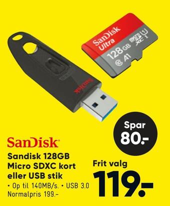 Bilka Sandisk 128gb micro sdxc kort eller usb stik tilbud