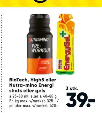 Bilka Biotech, high5 eller nutra-mino energi shots eller gels tilbud