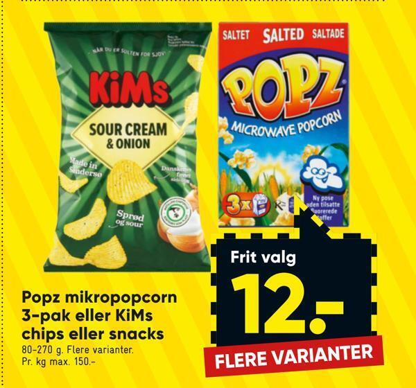 Popz mikropopcorn 3pak eller kims chips eller snacks tilbud hos Bilka
