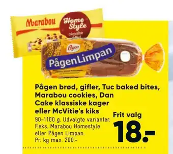 Bilka Pågen brød, gifler, tuc baked bites, marabou cookies, dan cake klassiske kager eller mcvitie's kiks tilbud