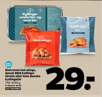 Netto Bistronne hot wings, dansk bbq kyllinge lårmix eller hele danske kyllingelår tilbud