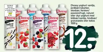 REMA 1000 Cheasy yoghurt vanilje, jordbær/rabarber, skovbær, fersken/ passionsfrugt, naturel eller skyr yoghurt med blåbær/vanilje, hin tilbud