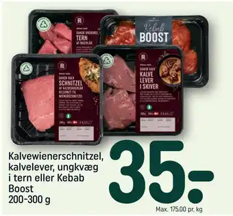 Kalvewienerschnitzel, kalvelever, ungkvæg i tern eller kebab boost