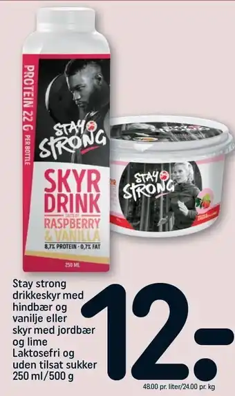 REMA 1000 Stay strong drikkeskyr med hindbær og vanilje el. skyr med jordbær og lime tilbud