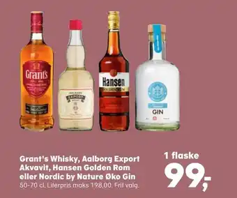 SuperBrugsen Grant's whisky, aalborg export akvavit, hansen golden rom eller nordic by nature øko gin tilbud