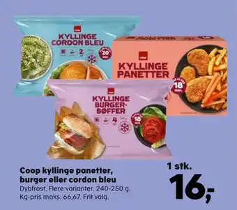 SuperBrugsen Coop kyllinge panetter, burger eller cordon bleu tilbud