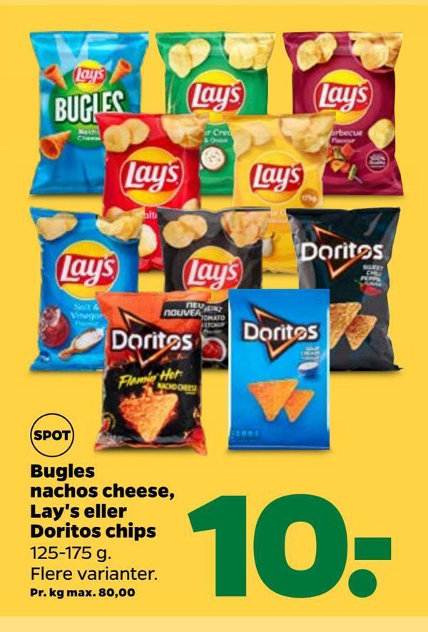 Bugles nachos cheese, lay's eller doritos chips tilbud hos Netto