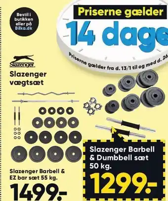 Bilka Slazenger vægtsæt, slazenger barbell & ez bar sæt 55 kg. el. slazenger barbell & dumbbell sæt 50 kg. tilbud