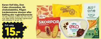 Bilka Karen volf kiks, dan cake citronmåne, hit chokoladekiks, pågen kardemomme skorspor el. salling øko rugbrødssnacks tilbud