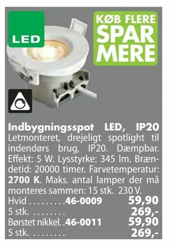 Indbygningsspot LED, IP20